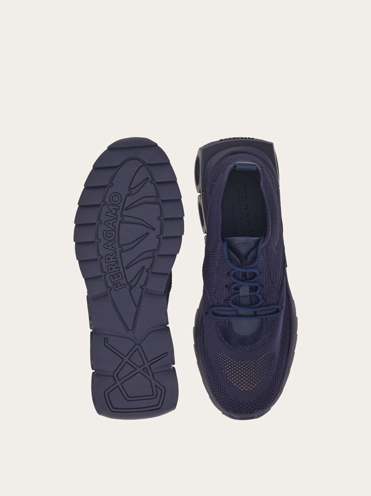 FERRAGAMO MEN'S NAVY FABRIC MESH SNEAKERS