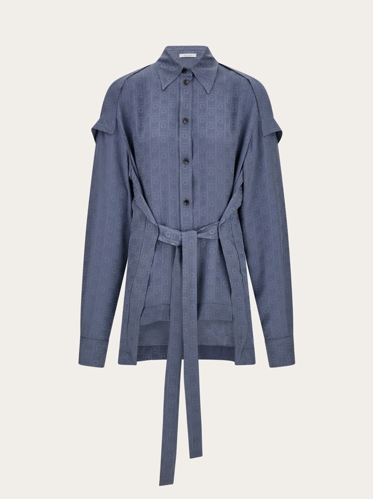 FERRAGAMO WOMEN'S BLUE SILK BELTED SHIRT