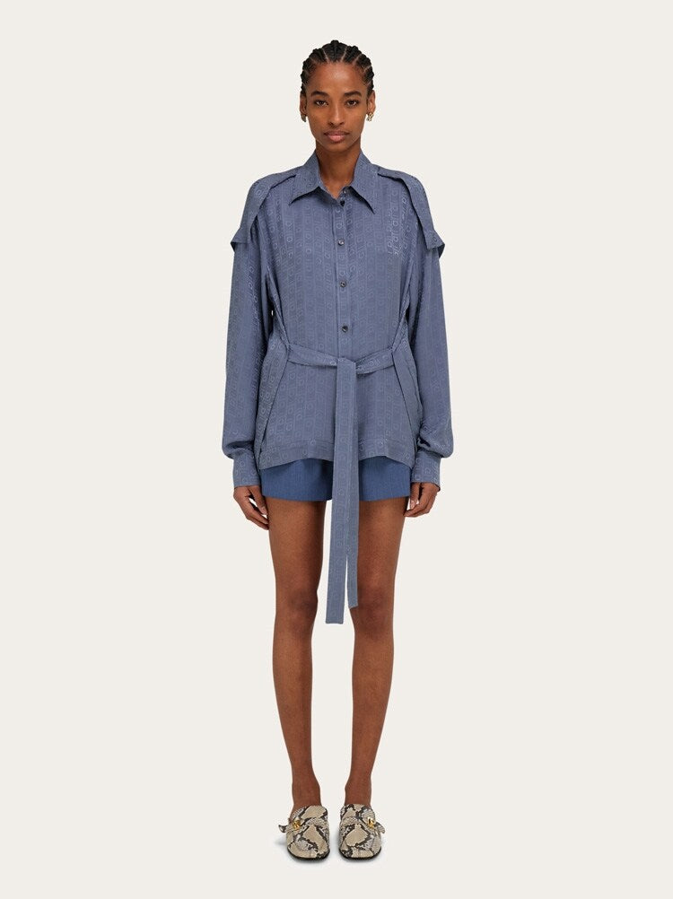 FERRAGAMO WOMEN'S BLUE SILK BELTED SHIRT