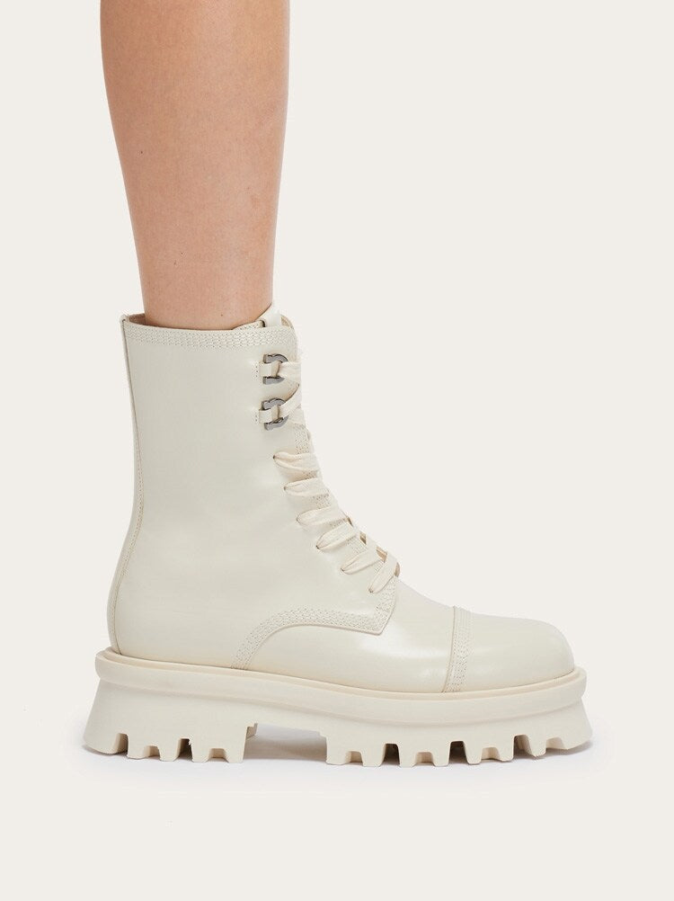 FERRAGAMO WOMEN'S OFF WHITE LEATHER COMBAT BOOTS