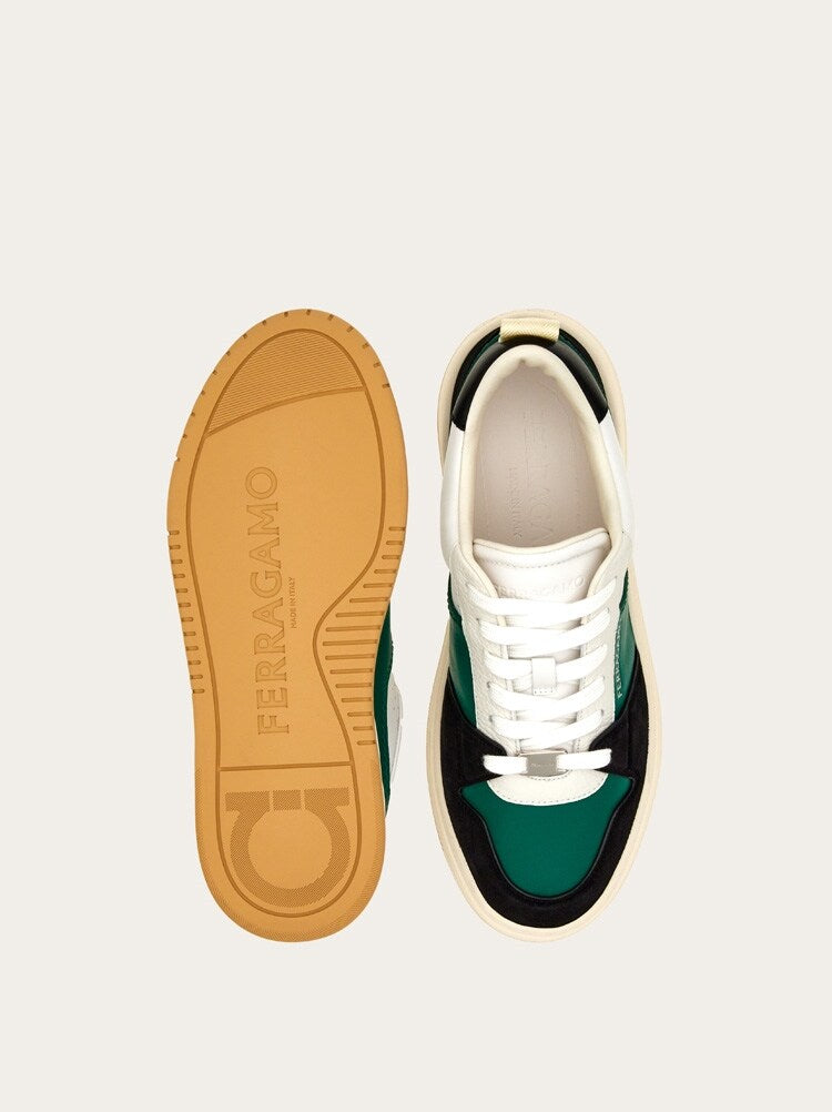 FERRAGAMO MEN'S GREEN LEATHER LOW SNEAKERS