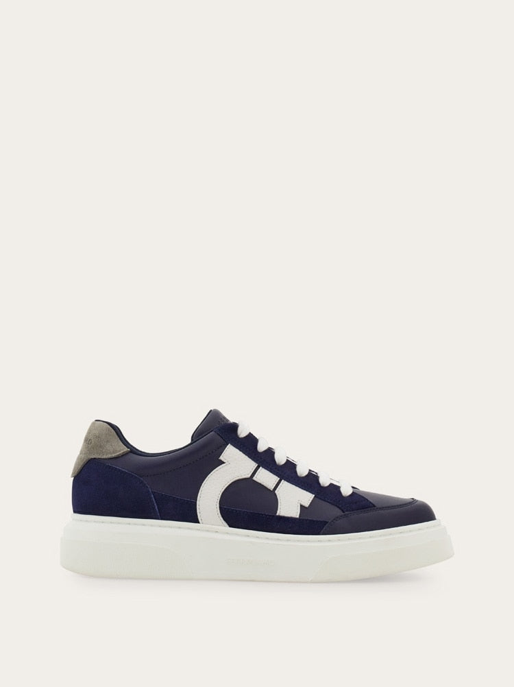 FERRAGAMO MEN'S NAVY LEATHER CALF SNEAKERS