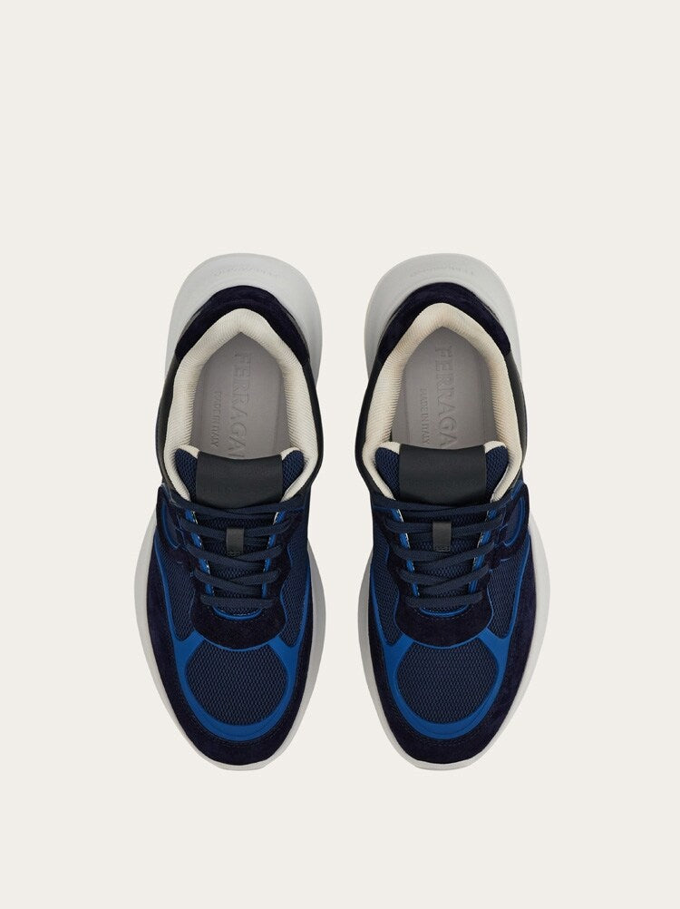 FERRAGAMO MEN'S NAVY MESH LEATHER SNEAKERS