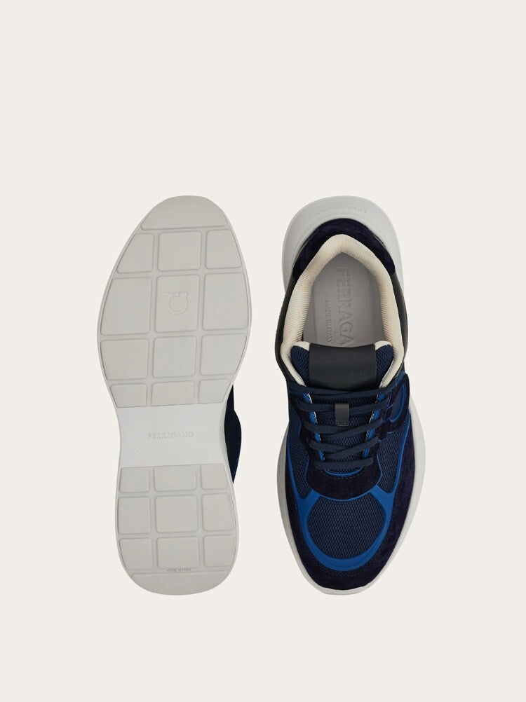 FERRAGAMO MEN'S NAVY MESH LEATHER SNEAKERS
