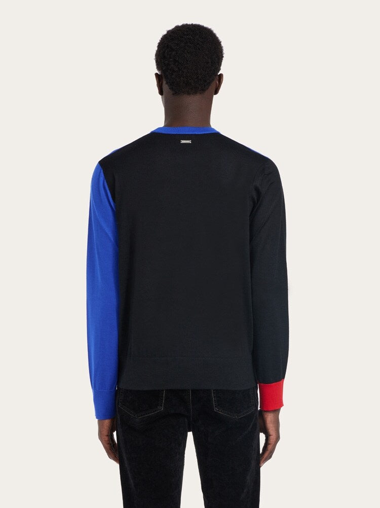FERRAGAMO MEN'S BLACK BLUE WOOL SWEATER