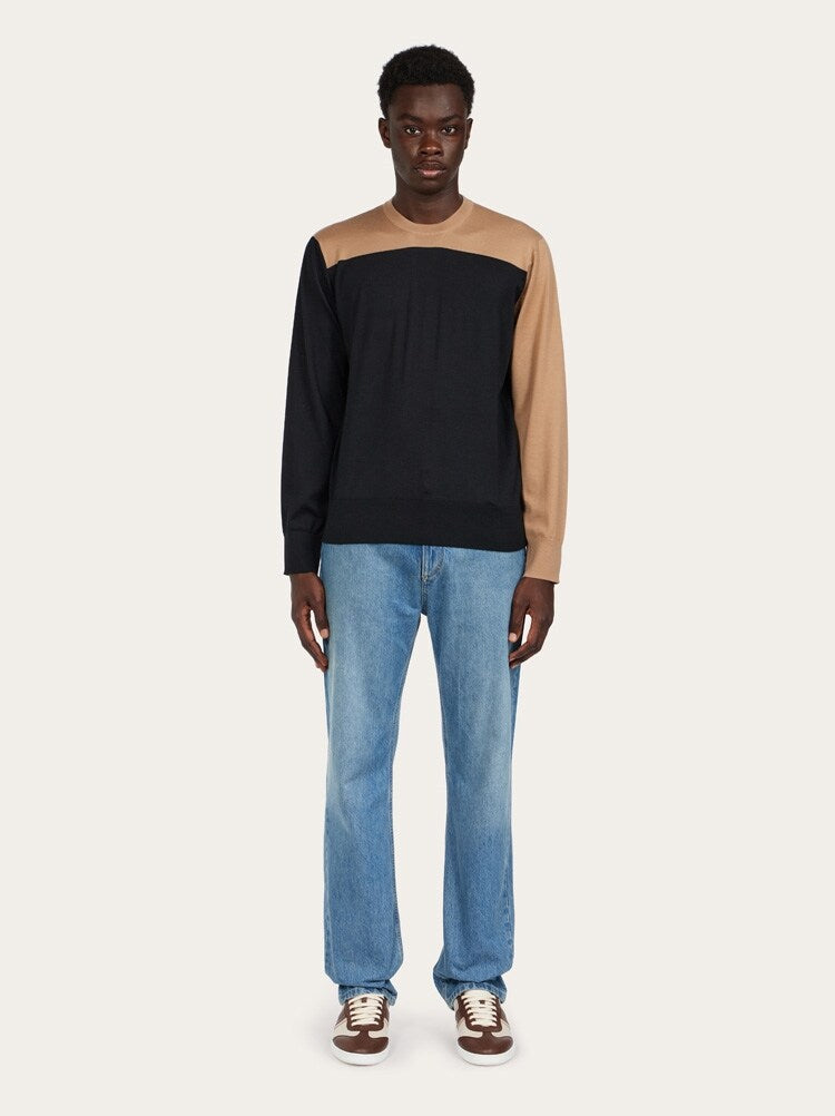 FERRAGAMO MEN'S BLACK BEIGE WOOL SWEATER