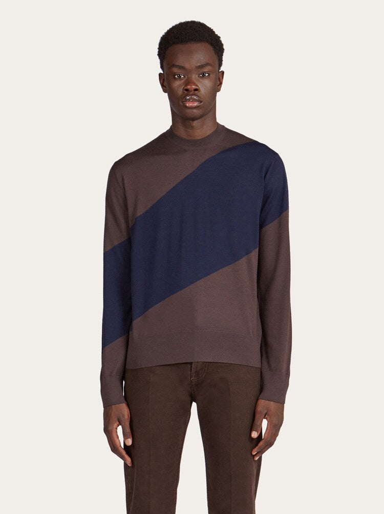 FERRAGAMO MEN'S BROWN WOOL COLORBLOCK SWEATER