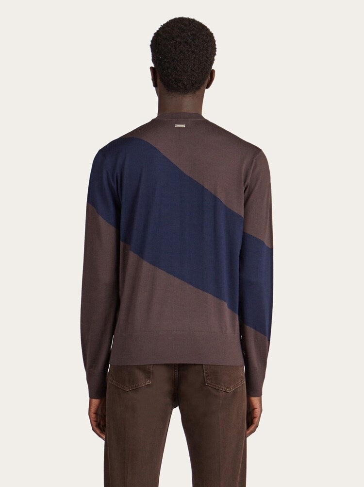 FERRAGAMO MEN'S BROWN WOOL COLORBLOCK SWEATER