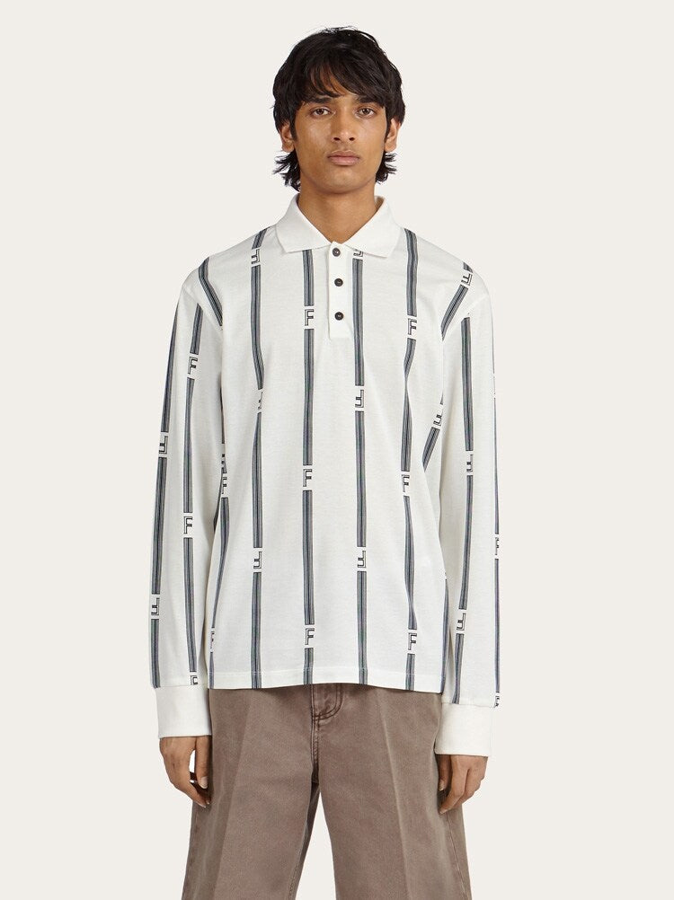 FERRAGAMO MEN'S WHITE STRIPED COTTON SWEATER