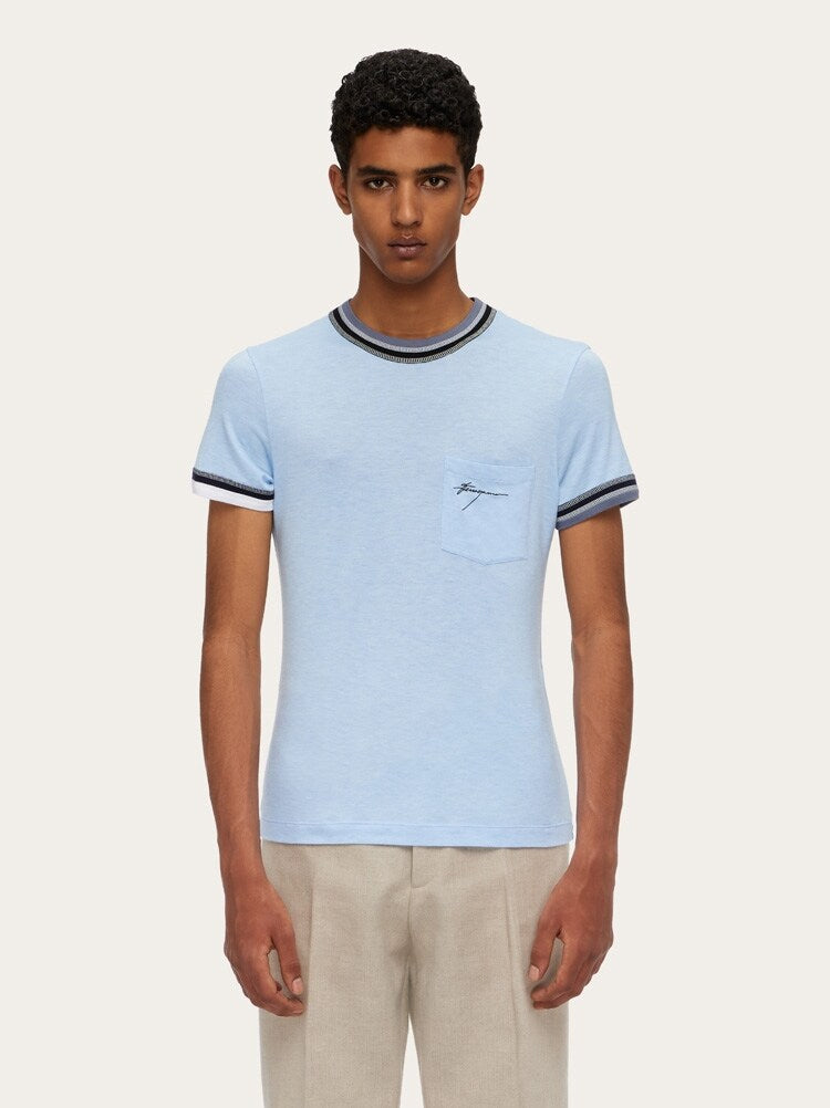 FERRAGAMO MEN'S LIGHT BLUE SHORT SLEEVE SWEATER