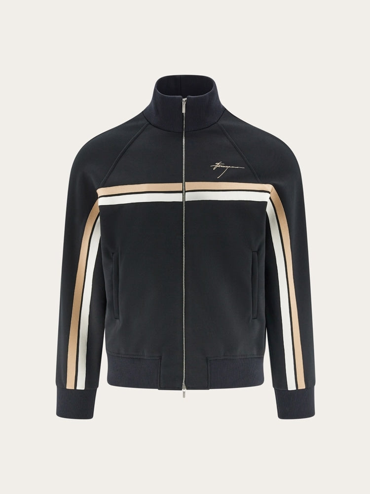 FERRAGAMO MEN'S BLACK STRIPED ZIP SWEATER