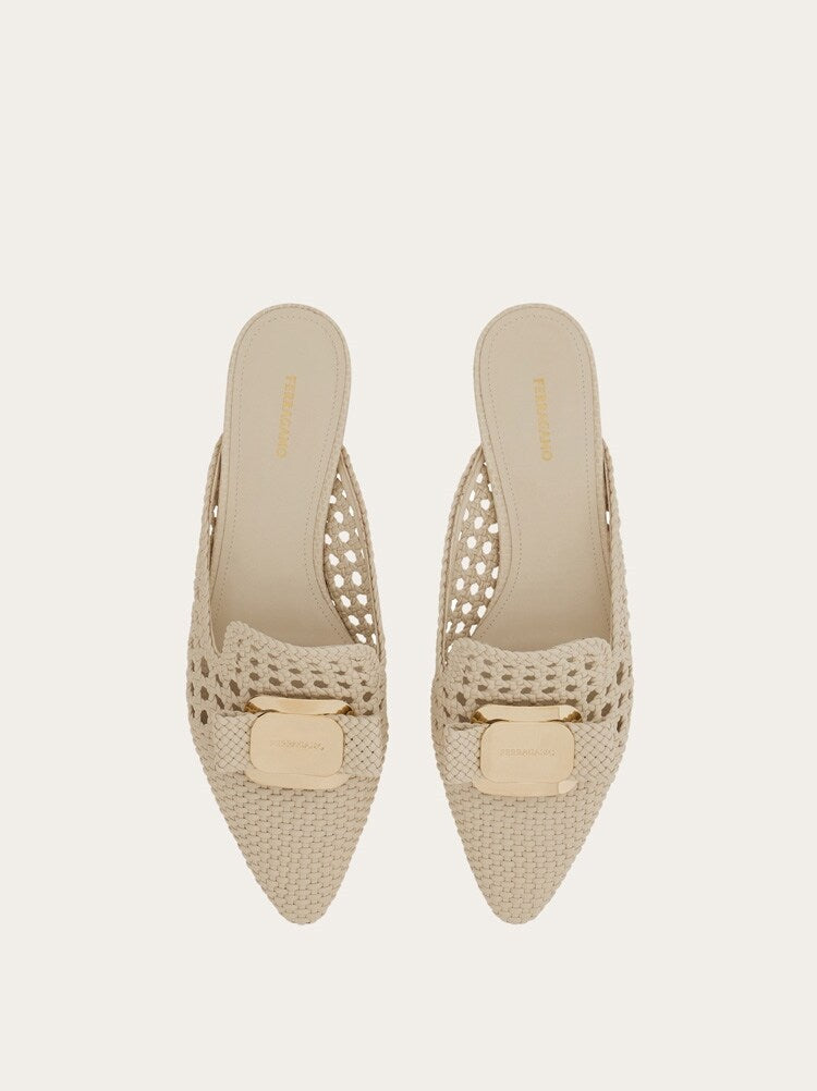 FERRAGAMO WOMEN'S BEIGE WOVEN LEATHER MULE SHOES