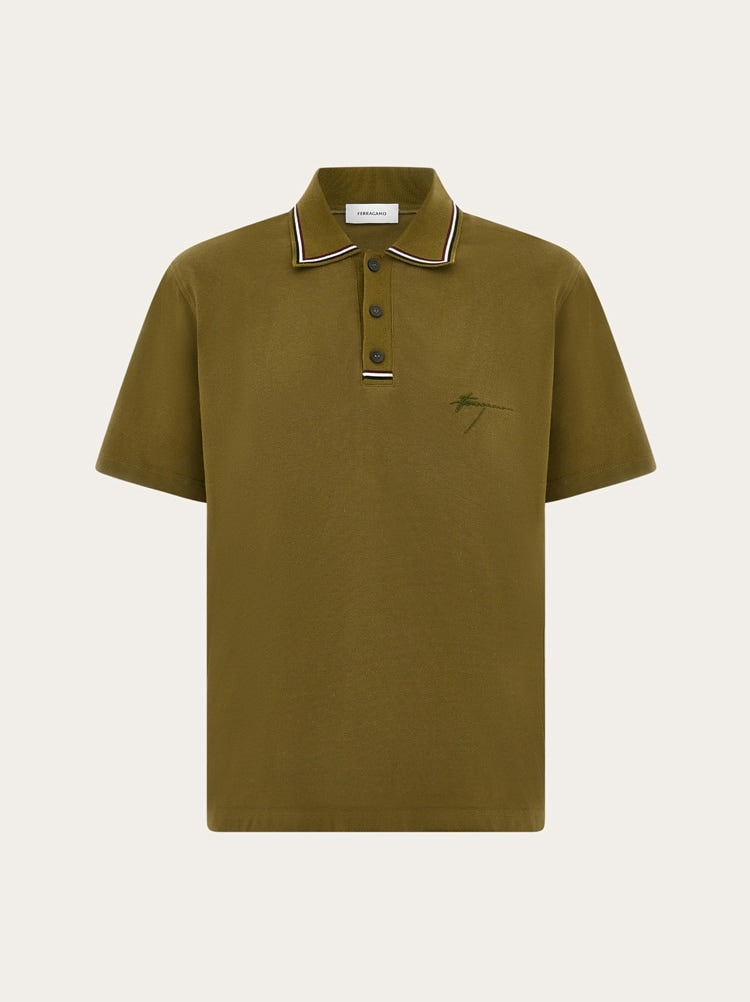 FERRAGAMO MEN'S OLIVE COTTON POLO SWEATER