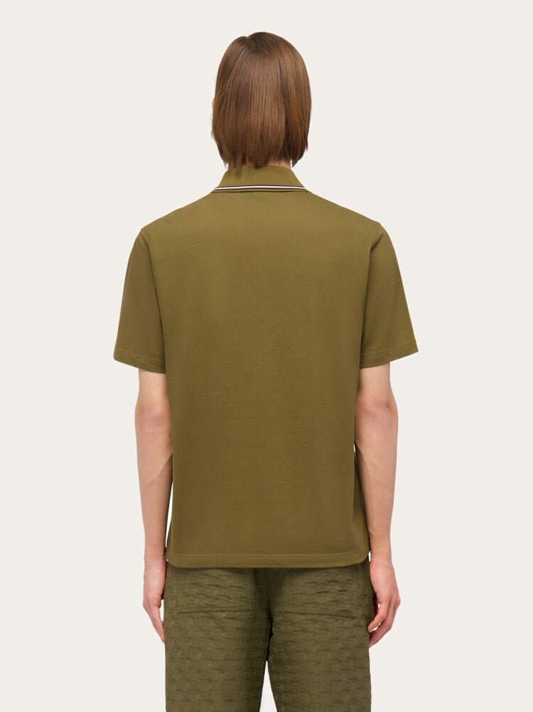 FERRAGAMO MEN'S OLIVE COTTON POLO SWEATER