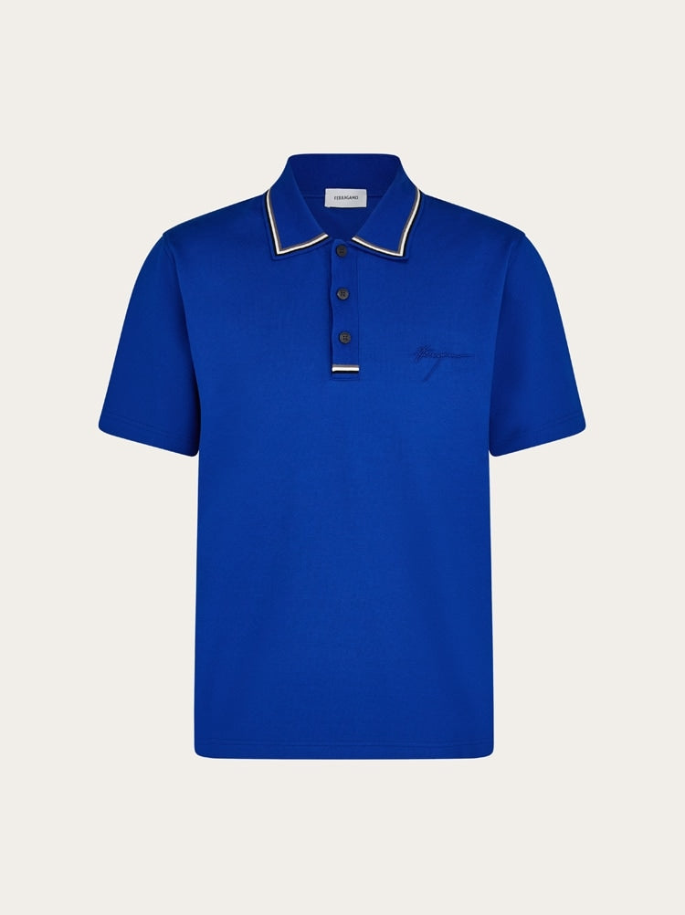 FERRAGAMO MEN'S BRIGHT BLUE COTTON POLO SWEATER