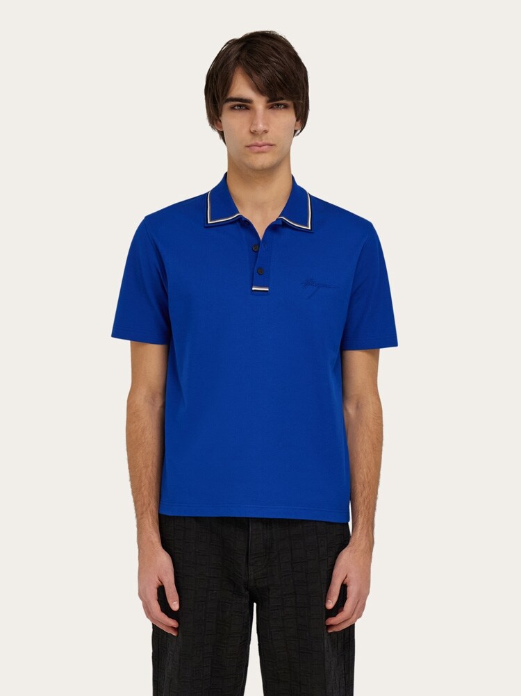 FERRAGAMO MEN'S BRIGHT BLUE COTTON POLO SWEATER