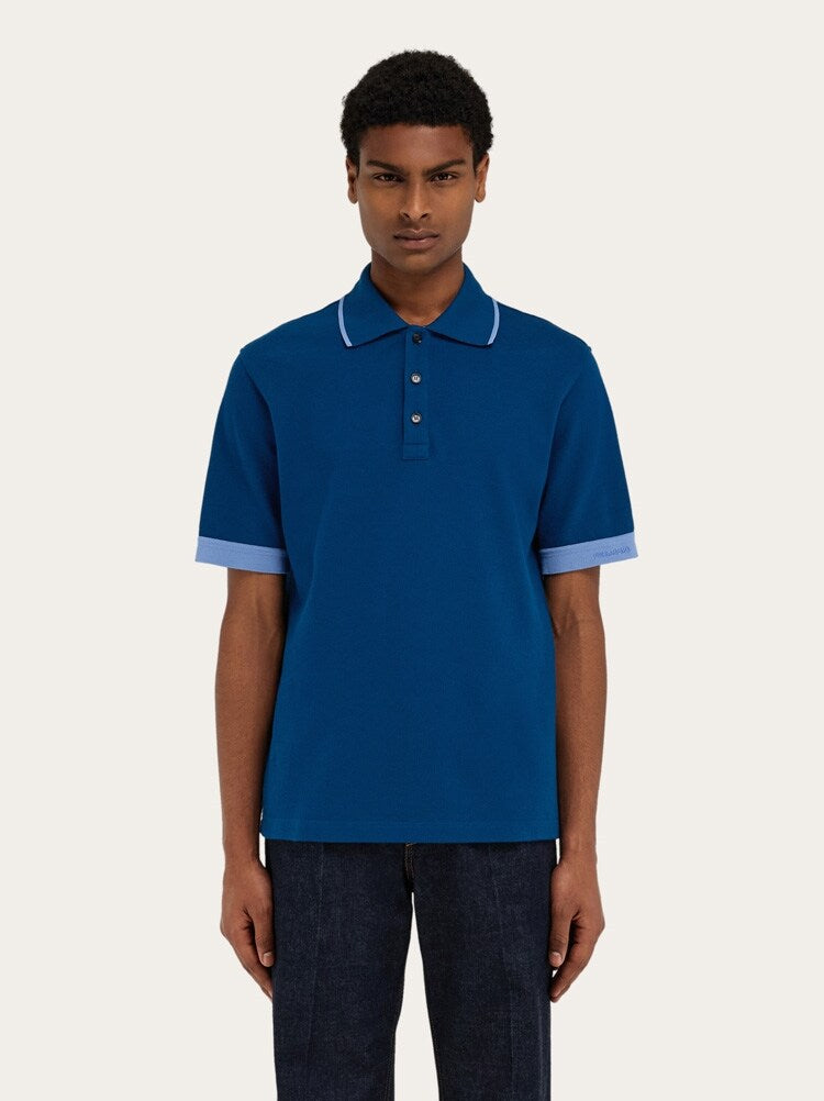 FERRAGAMO MEN'S BLUE COTTON POLO SWEATER