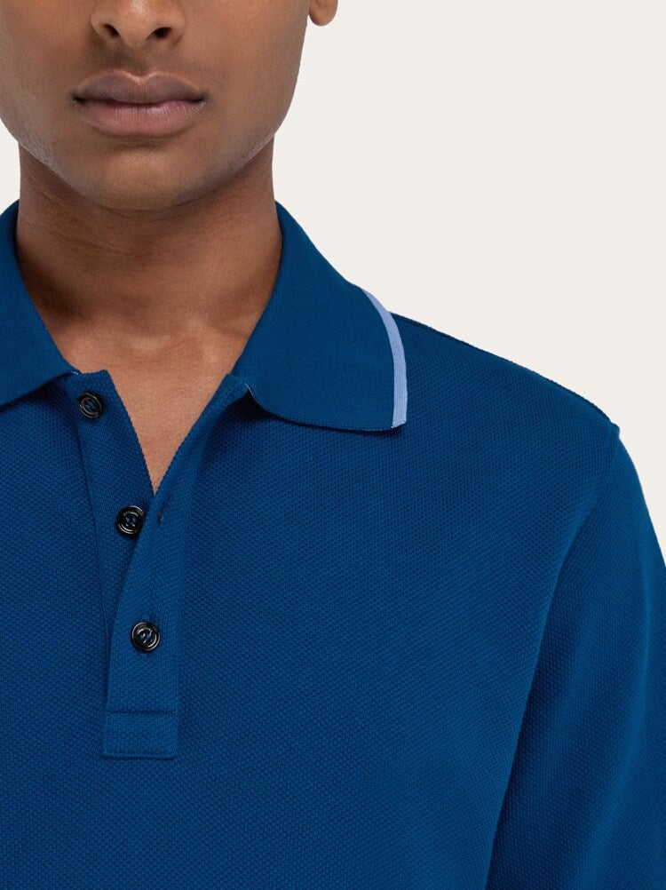 FERRAGAMO MEN'S BLUE COTTON POLO SWEATER
