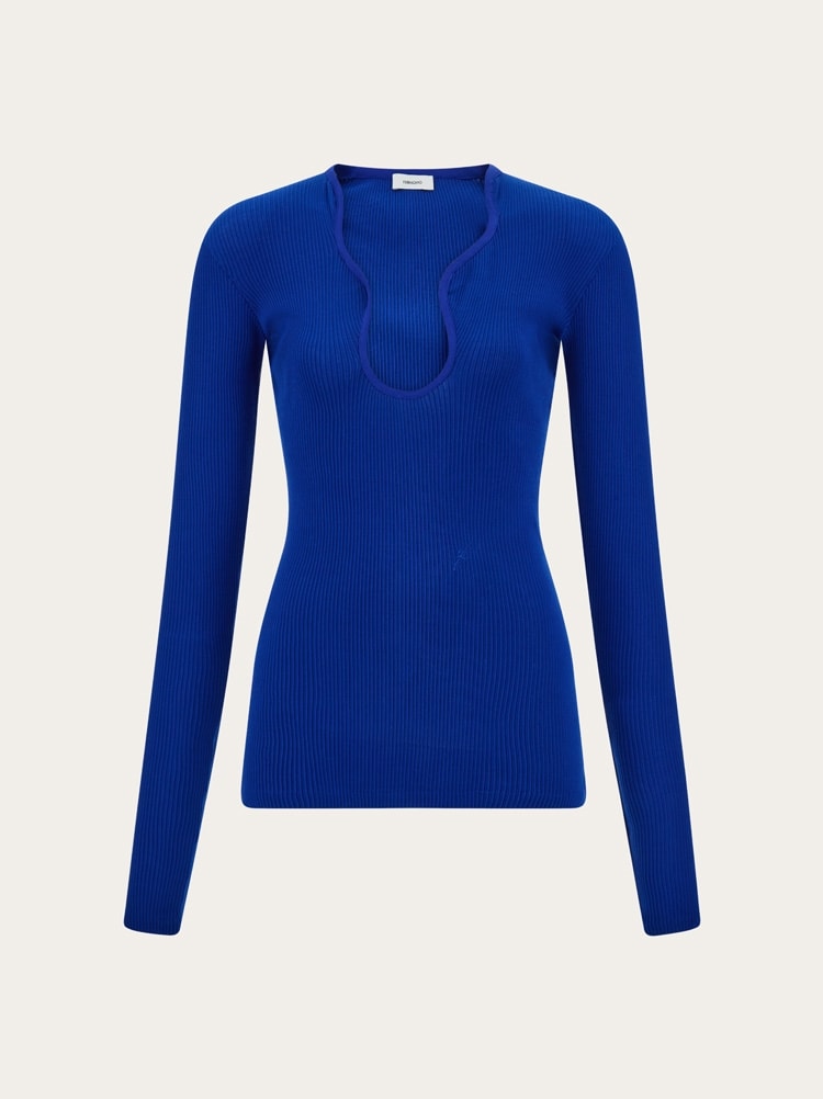 FERRAGAMO WOMEN'S BRIGHT BLUE RIBBED SWEATER