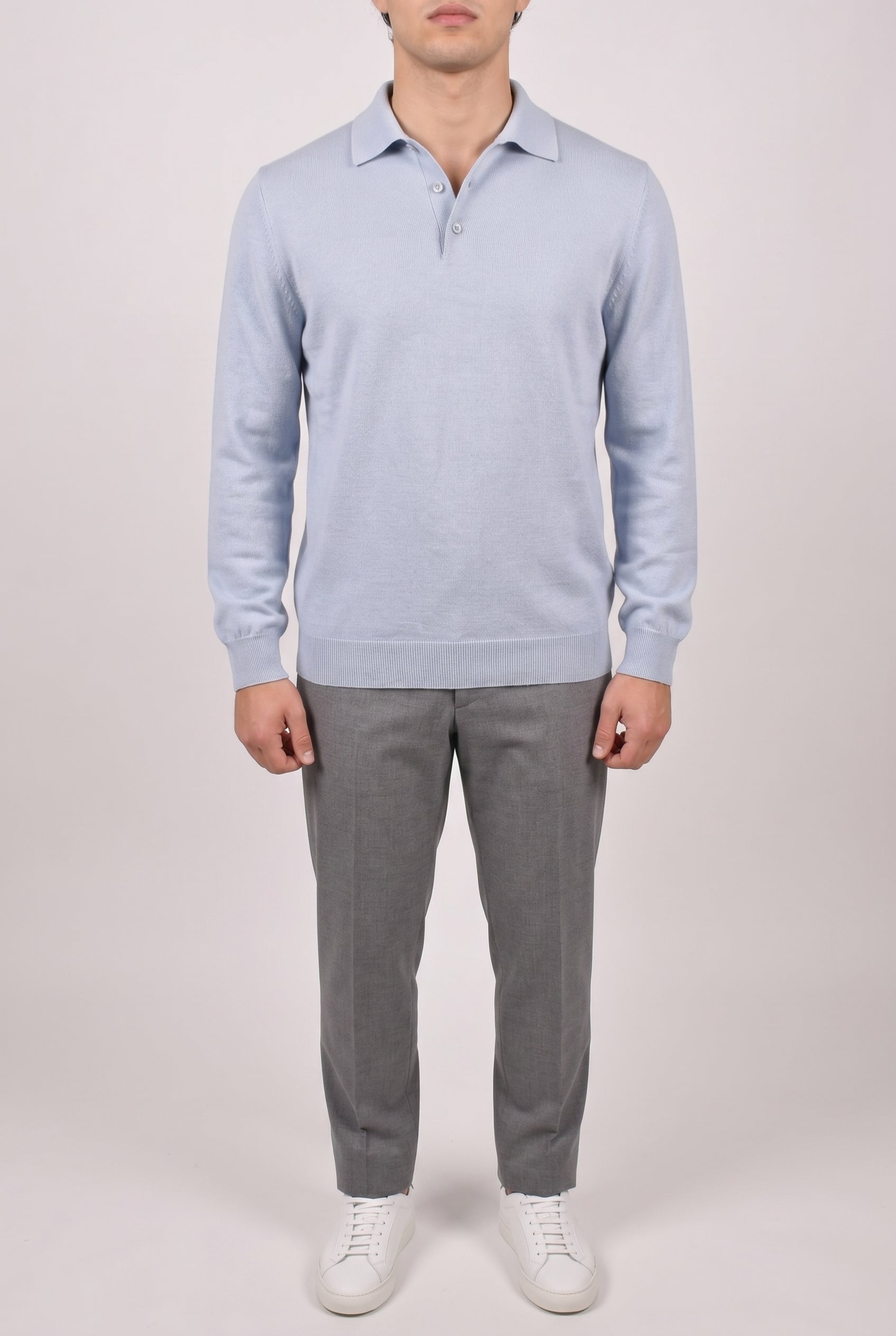BRUNELLO CUCINELLI MEN'S LIGHT BLUE CASHMERE POLO SWEATER