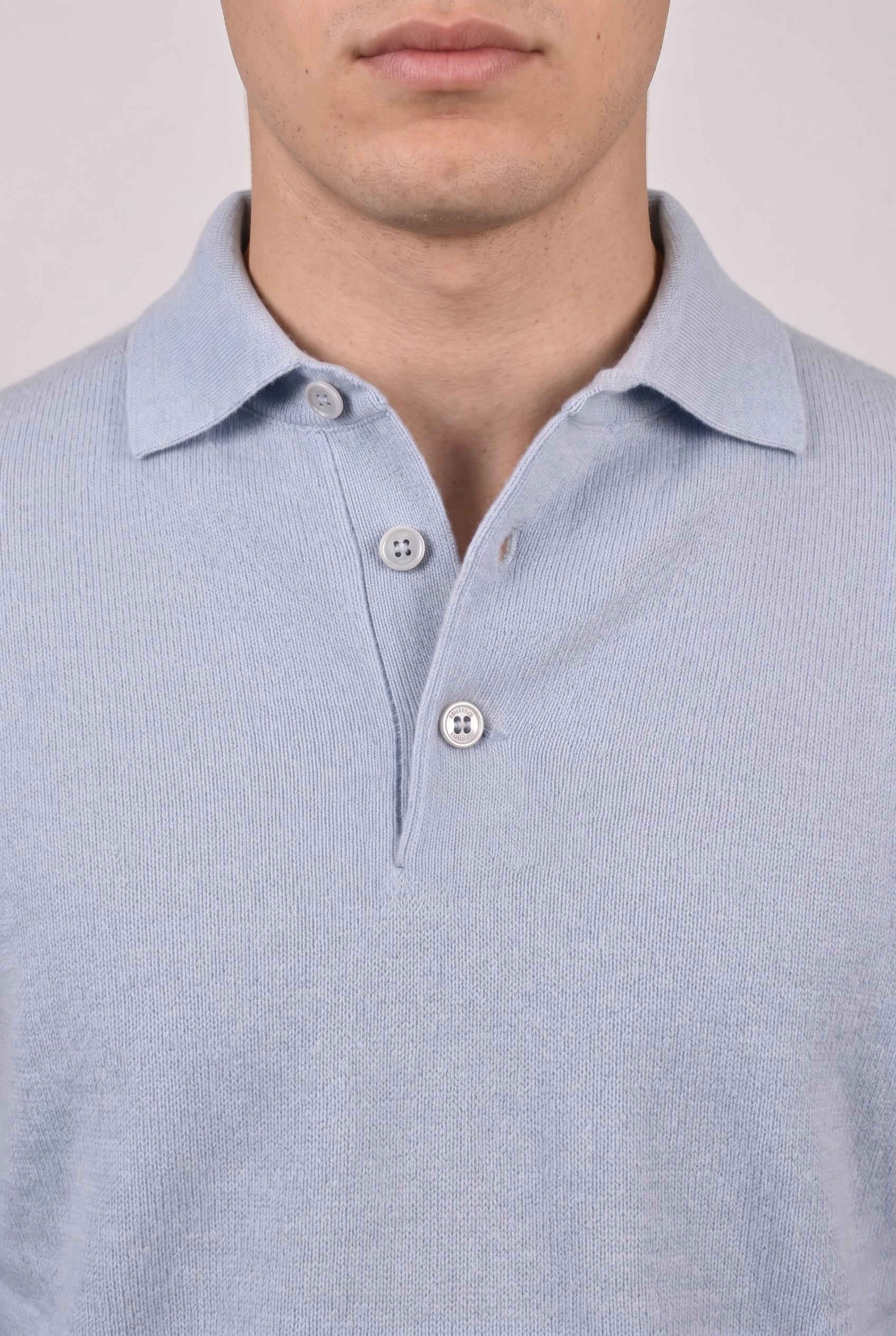 BRUNELLO CUCINELLI MEN'S LIGHT BLUE CASHMERE POLO SWEATER