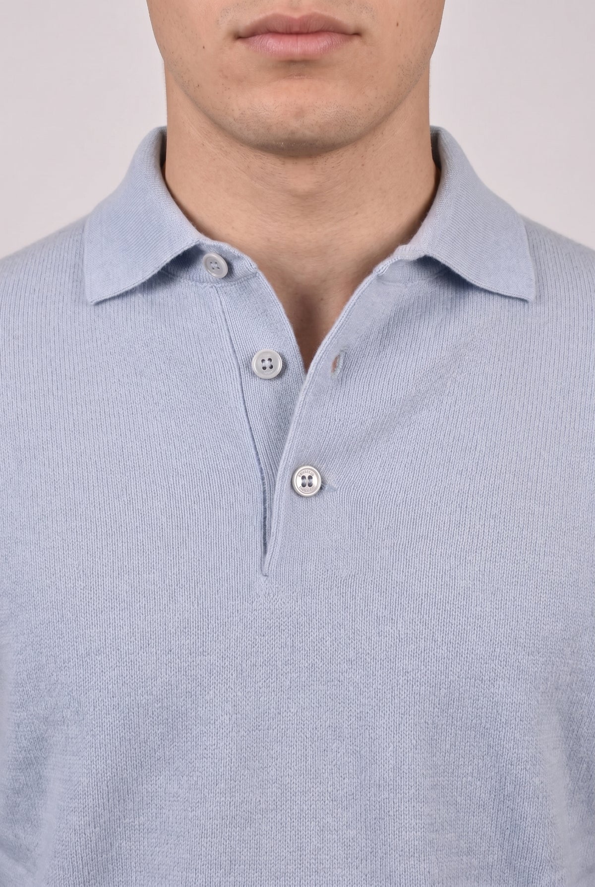 BRUNELLO CUCINELLI MEN'S LIGHT BLUE CASHMERE POLO SWEATER