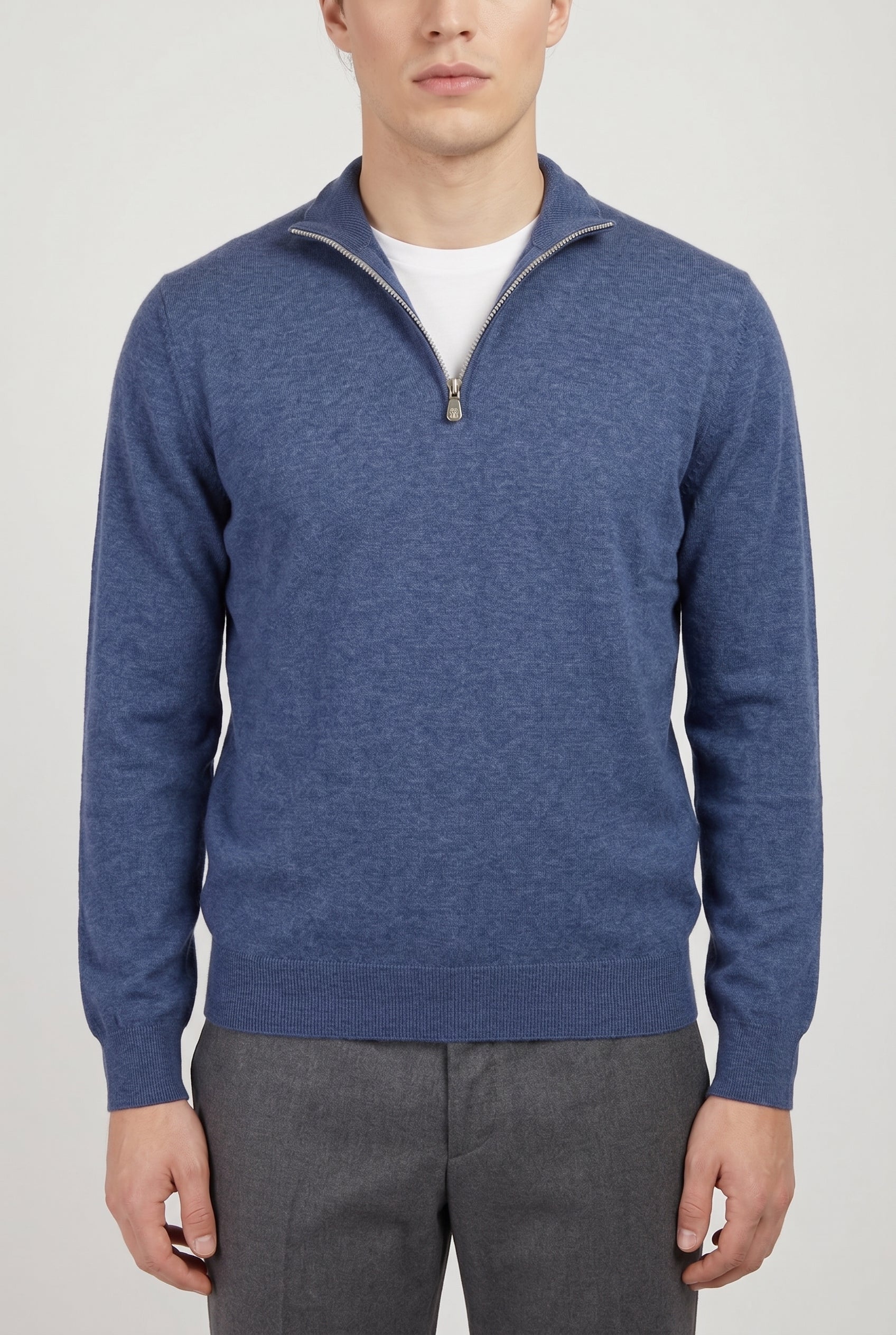 BRUNELLO CUCINELLI MEN'S BLUE WOOL ZIP SWEATER