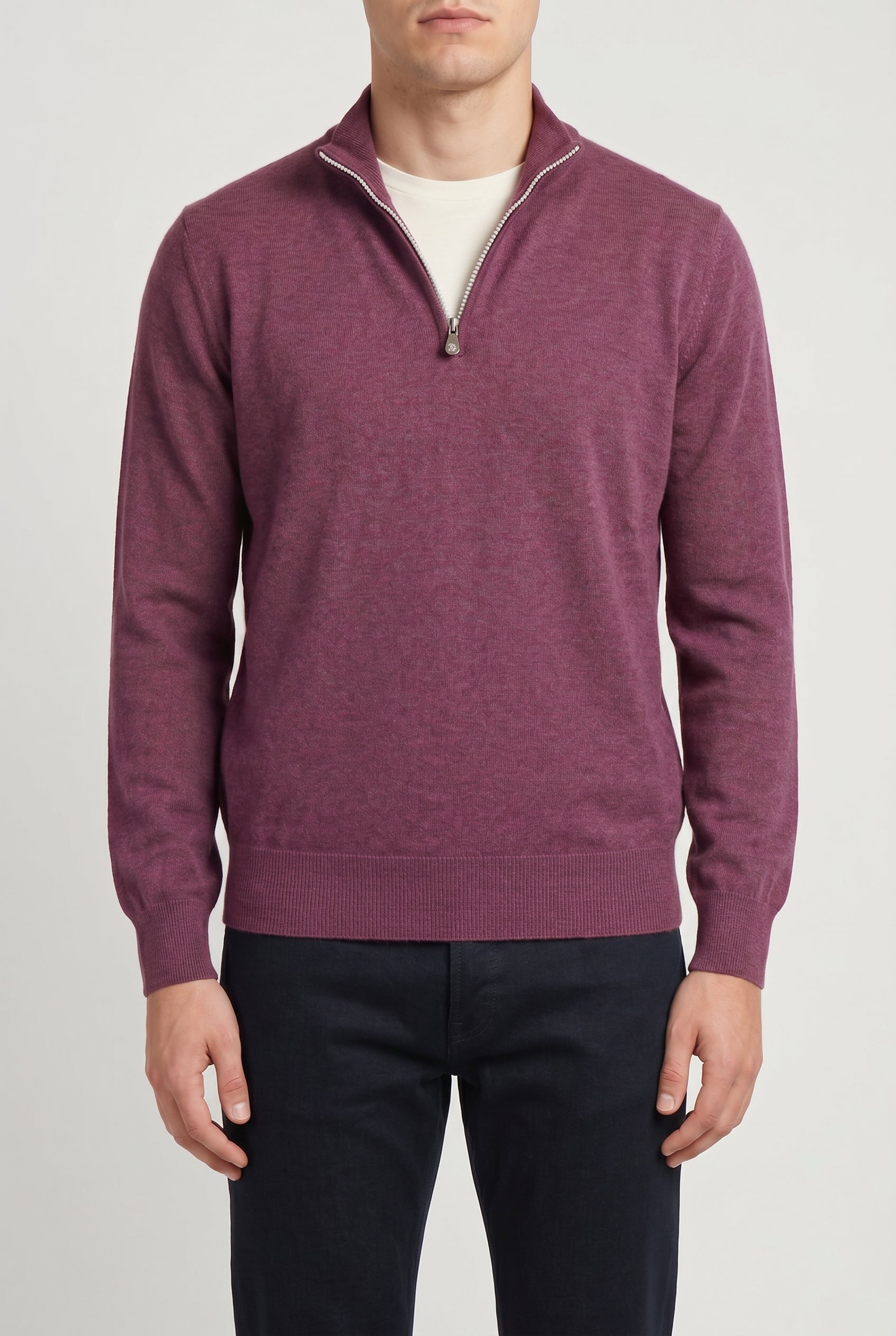 BRUNELLO CUCINELLI MEN'S PURPLE CASHMERE QUARTER ZIP SWEATER