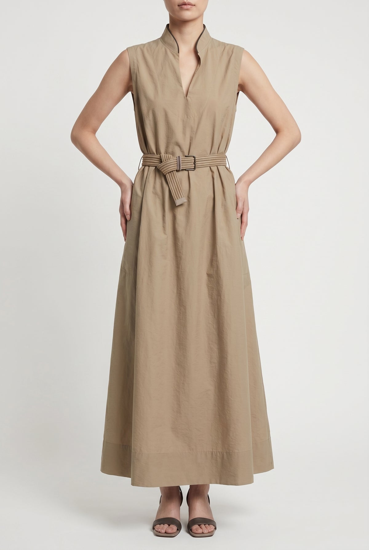 BRUNELLO CUCINELLI WOMEN'S BEIGE SLEEVELESS BELTED DRESS