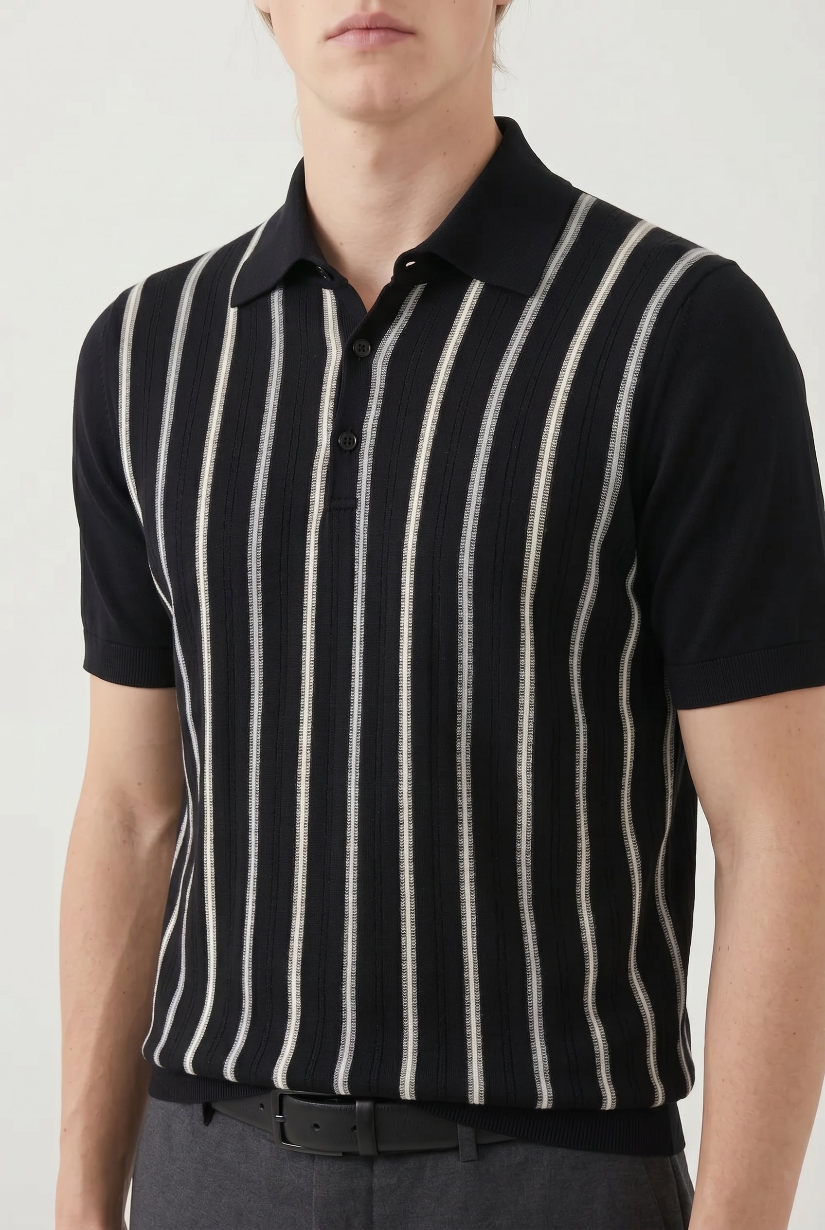 BRUNELLO CUCINELLI MEN'S BLACK STRIPED COTTON POLO SHIRT