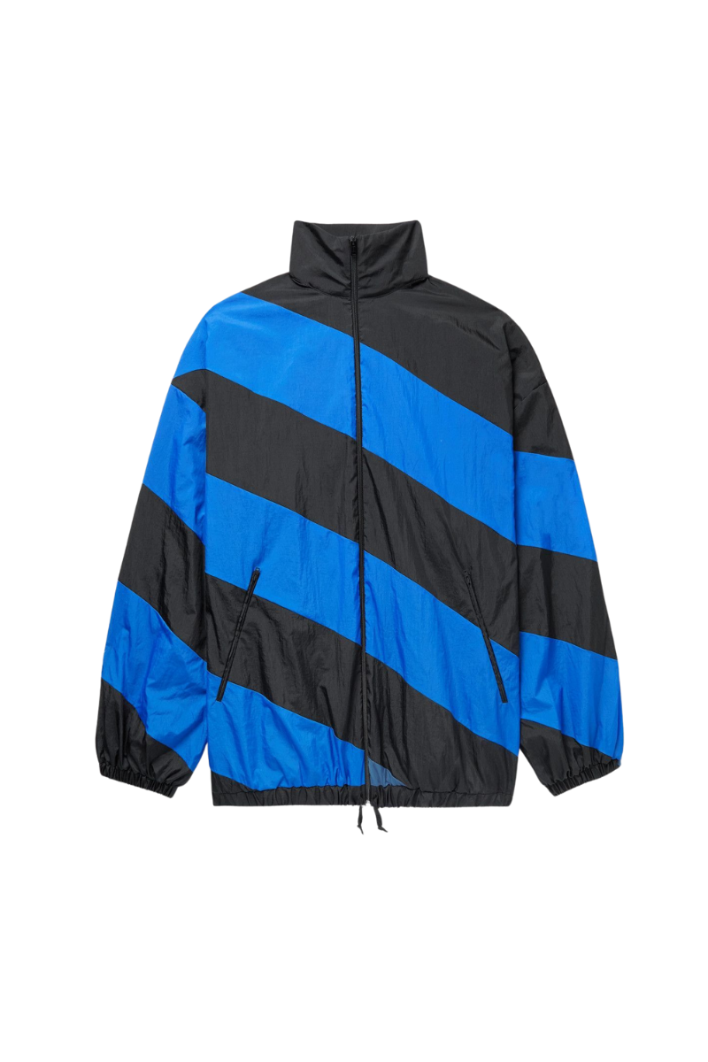 Marni Oversized Striped Nylon Jacket featuring blue-black diagonal stripes and a funnel neck design.