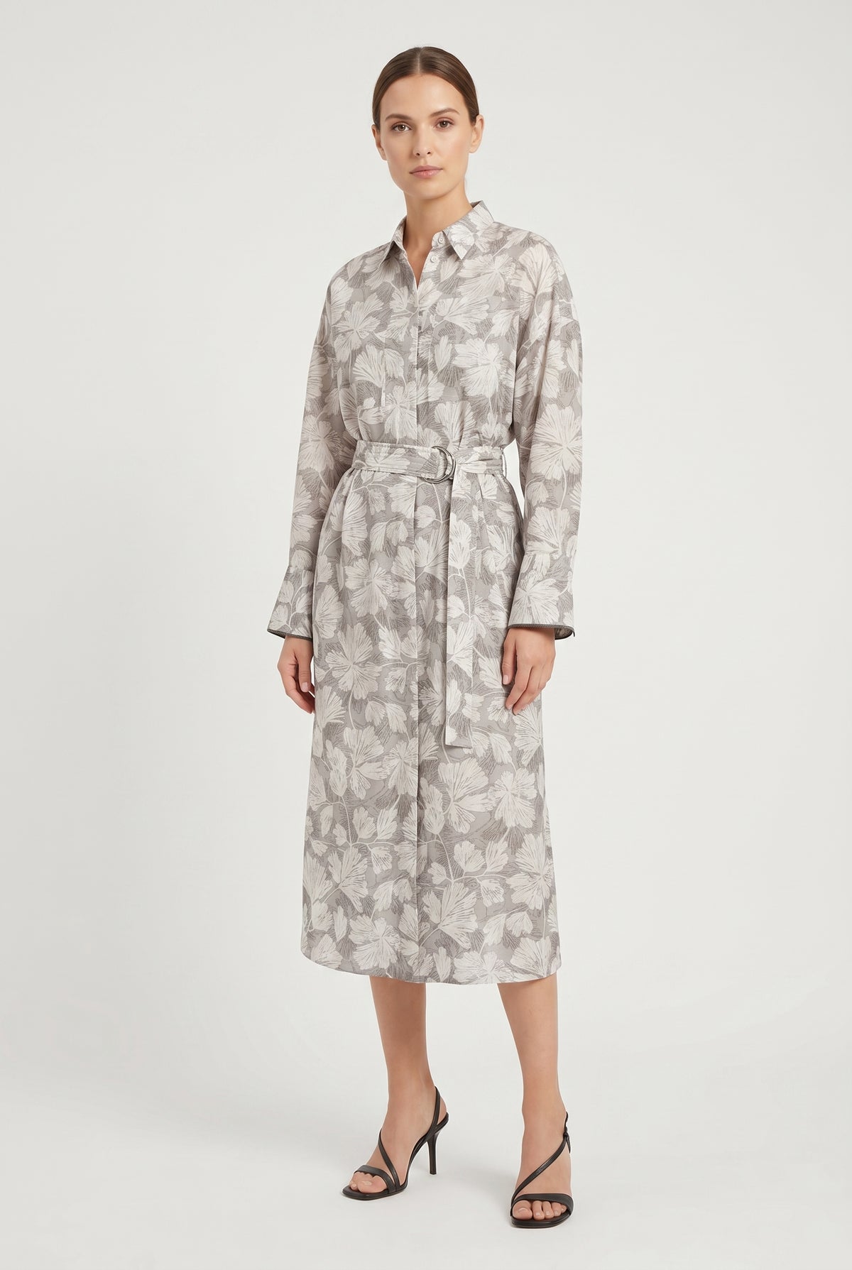BRUNELLO CUCINELLI WOMEN'S LIGHT GREY SILK SHIRT DRESS
