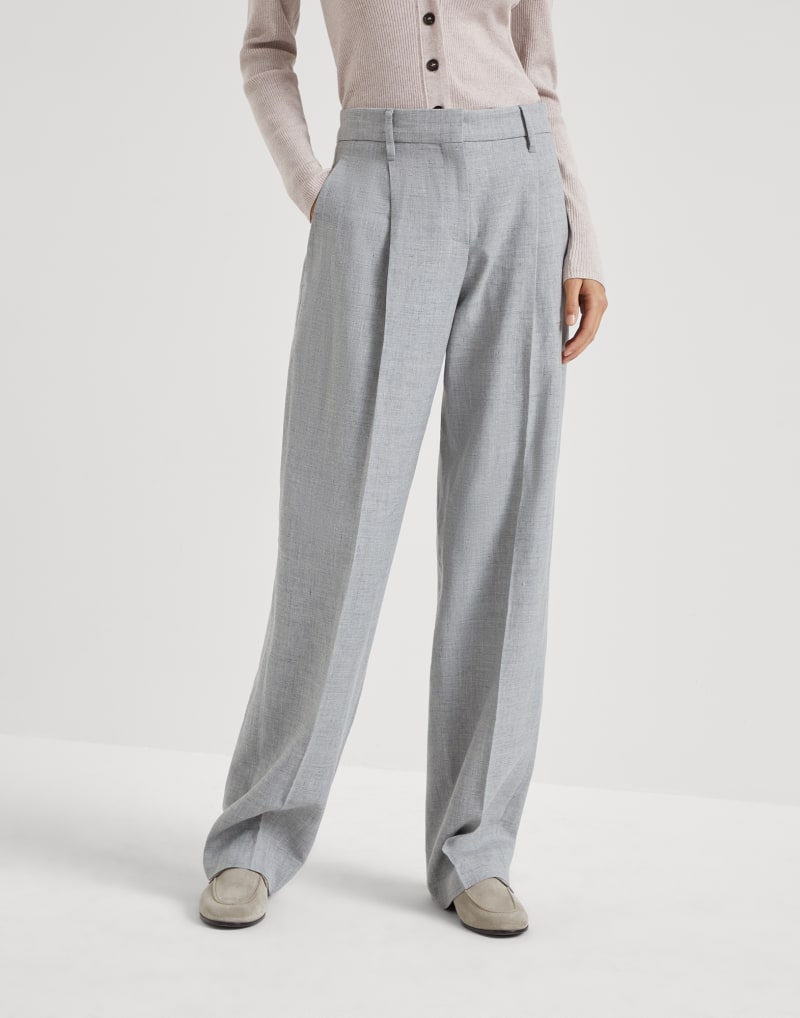 BRUNELLO CUCINELLI WOMEN'S LIGHT GREY LINEN WOOL TROUSERS