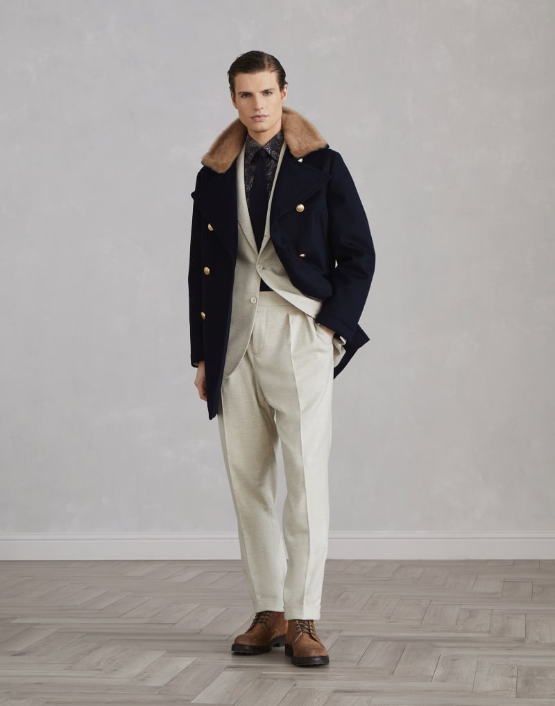 BRUNELLO CUCINELLI MEN'S OFF WHITE WOOL PLEATED TROUSERS