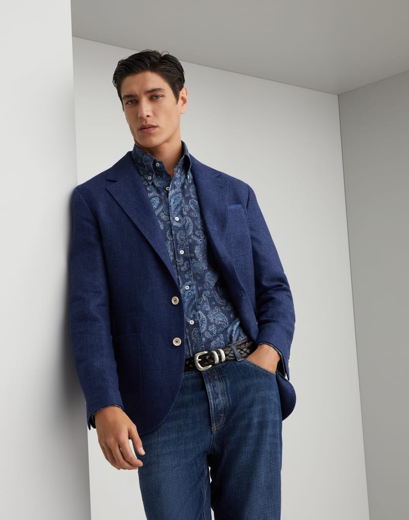 BRUNELLO CUCINELLI MEN'S BLUE LINEN WOOL BLAZER
