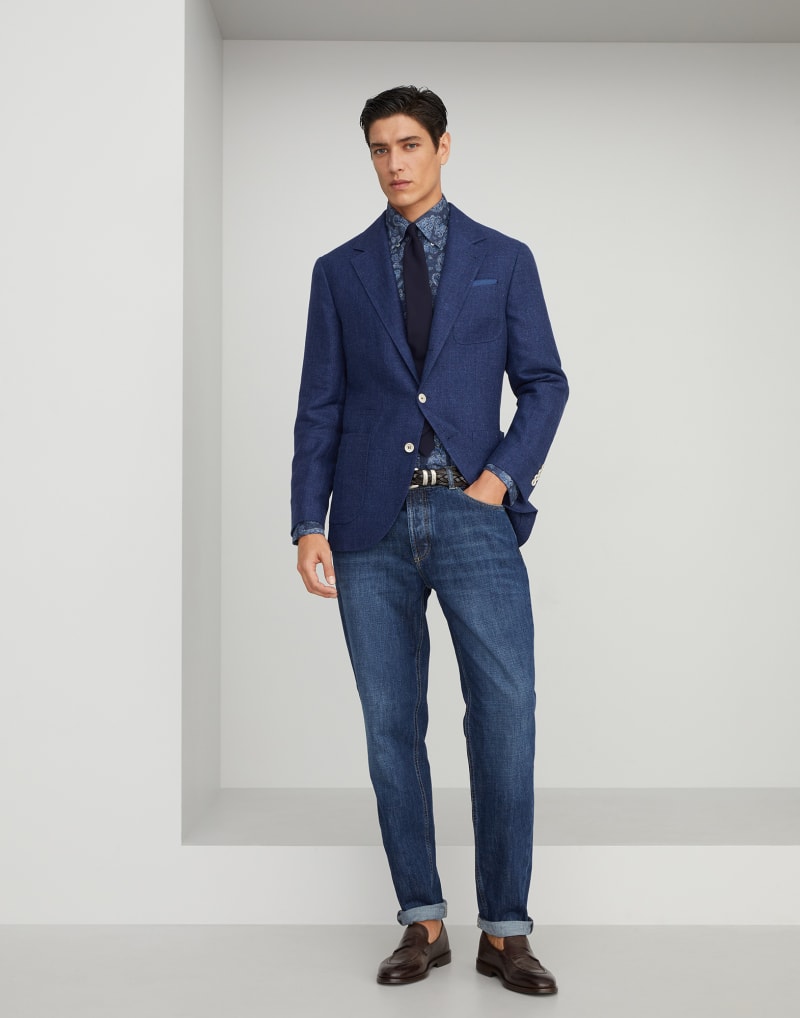 BRUNELLO CUCINELLI MEN'S BLUE LINEN WOOL BLAZER