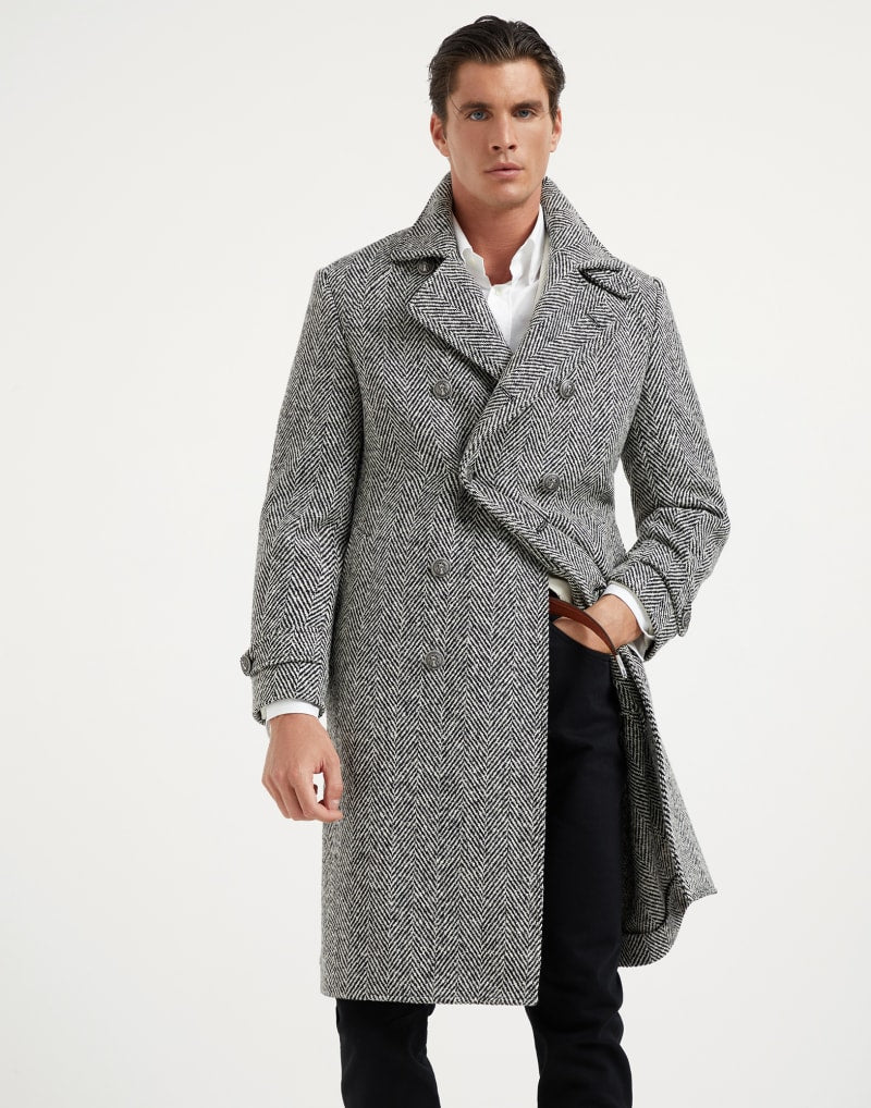 BRUNELLO CUCINELLI MEN'S BLACK WHITE WOOL HERRINGBONE COAT