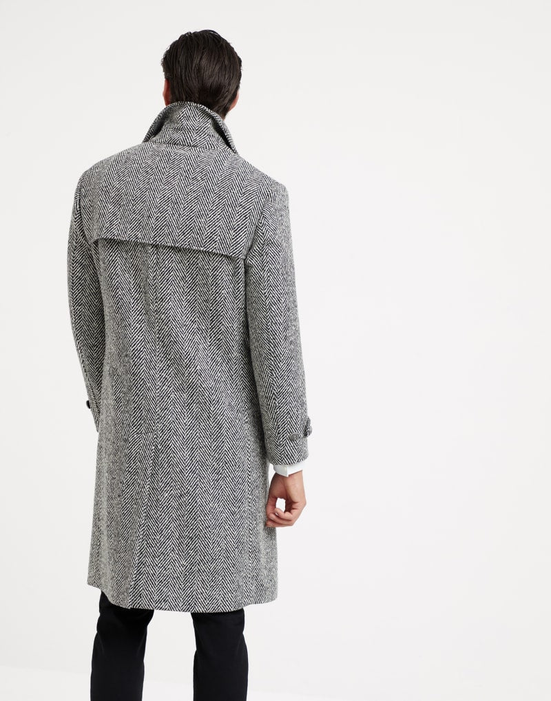 BRUNELLO CUCINELLI MEN'S BLACK WHITE WOOL HERRINGBONE COAT