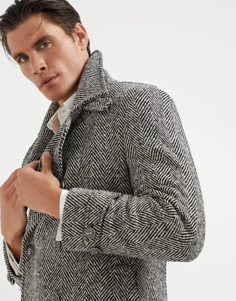BRUNELLO CUCINELLI MEN'S BLACK WHITE WOOL HERRINGBONE COAT