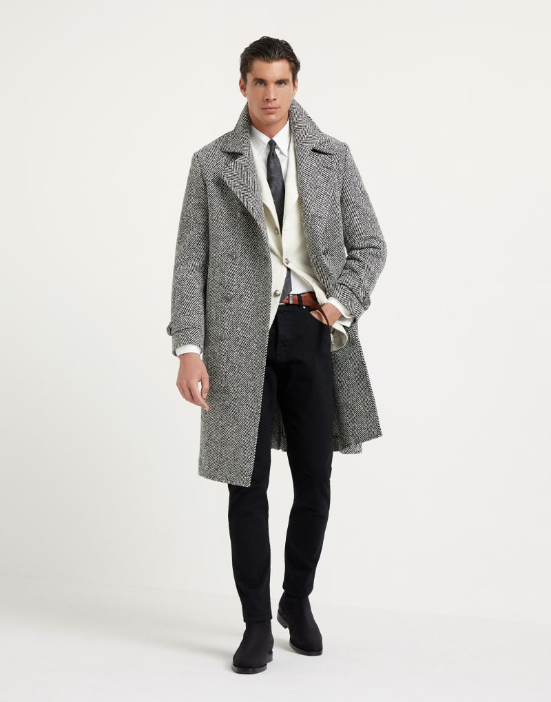 BRUNELLO CUCINELLI MEN'S BLACK WHITE WOOL HERRINGBONE COAT