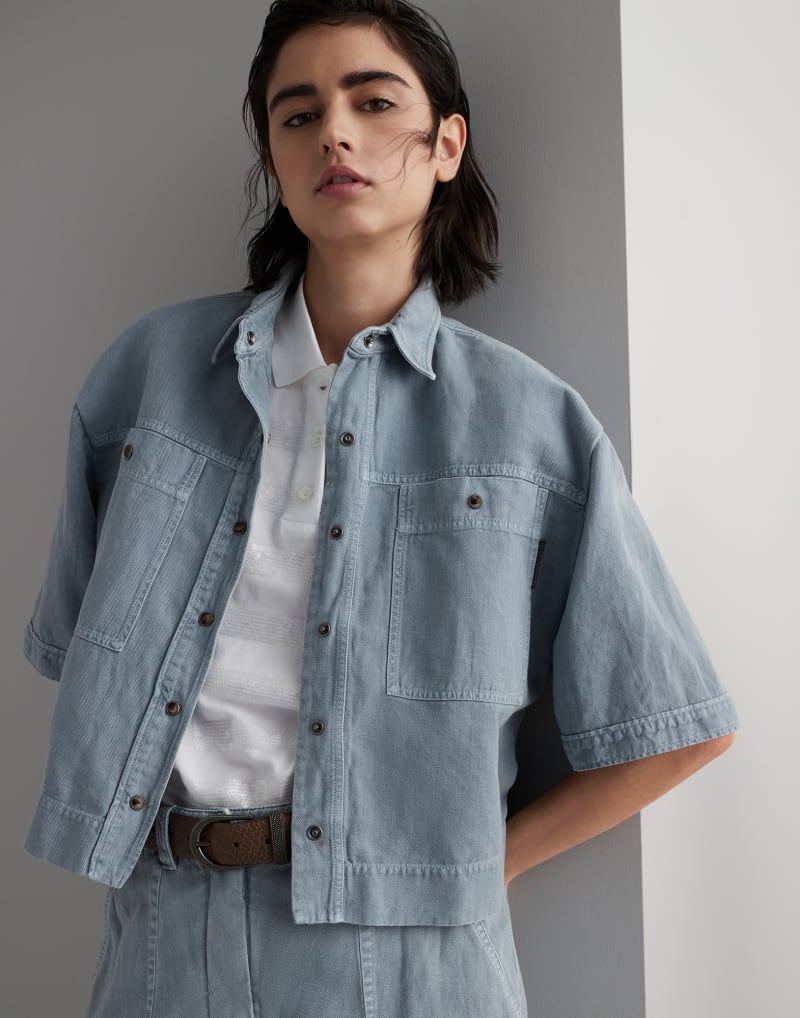 BRUNELLO CUCINELLI WOMEN'S LIGHT BLUE LINEN BLEND SHIRT
