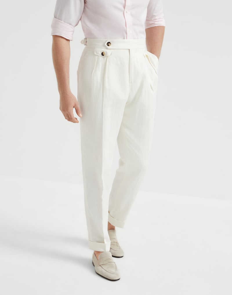 BRUNELLO CUCINELLI MEN'S OFF WHITE LINEN TAILORED TROUSERS