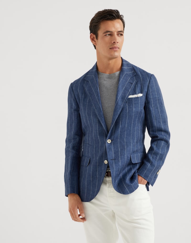 BRUNELLO CUCINELLI MEN'S BLUE LINEN STRIPED BLAZER
