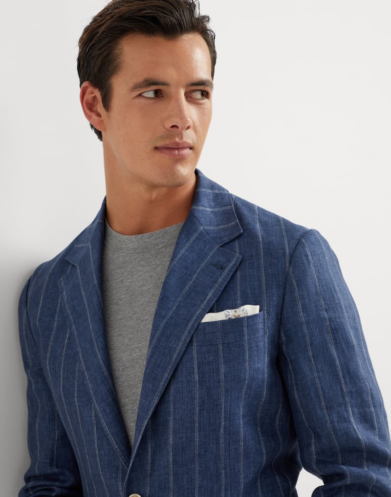 BRUNELLO CUCINELLI MEN'S BLUE LINEN STRIPED BLAZER