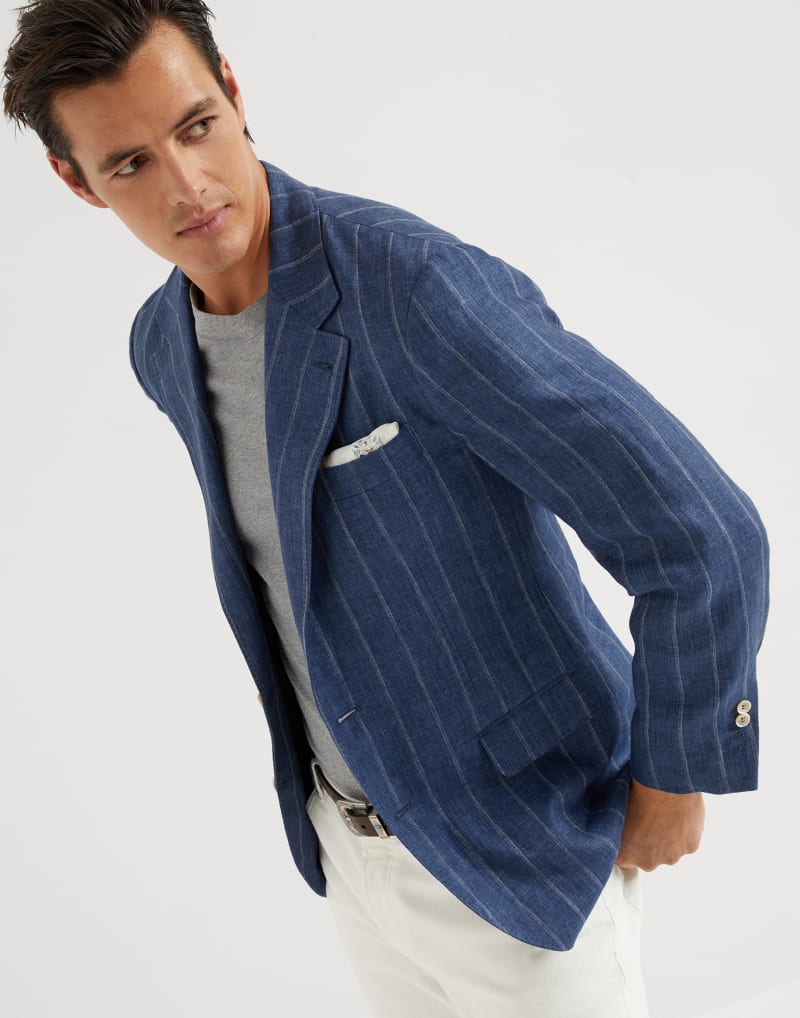 BRUNELLO CUCINELLI MEN'S BLUE LINEN STRIPED BLAZER