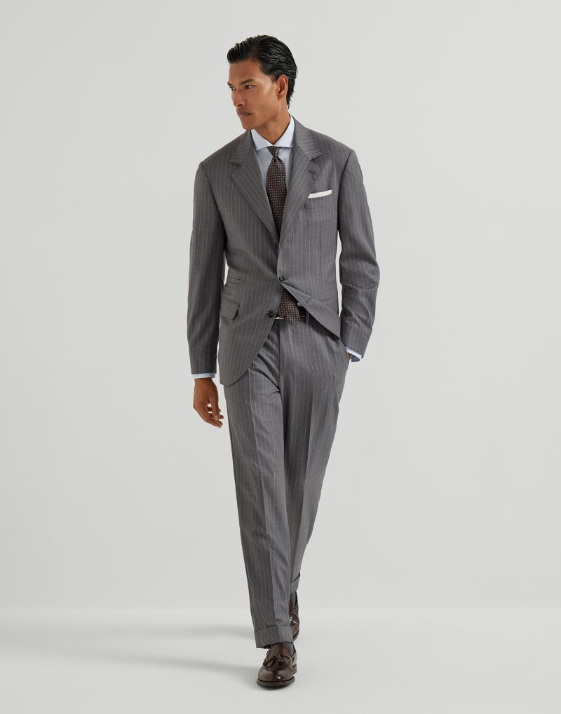 BRUNELLO CUCINELLI MEN'S GREY WOOL TAILORED TROUSERS