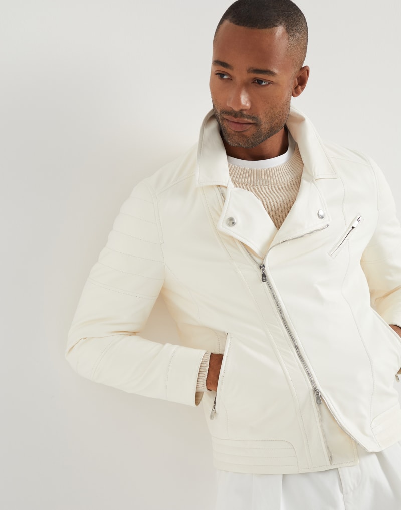 BRUNELLO CUCINELLI MEN'S OFF WHITE LEATHER BIKER JACKET
