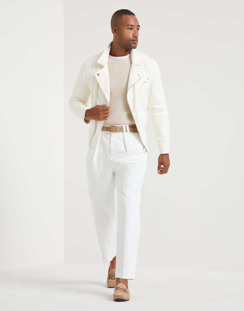 BRUNELLO CUCINELLI MEN'S OFF WHITE LEATHER BIKER JACKET