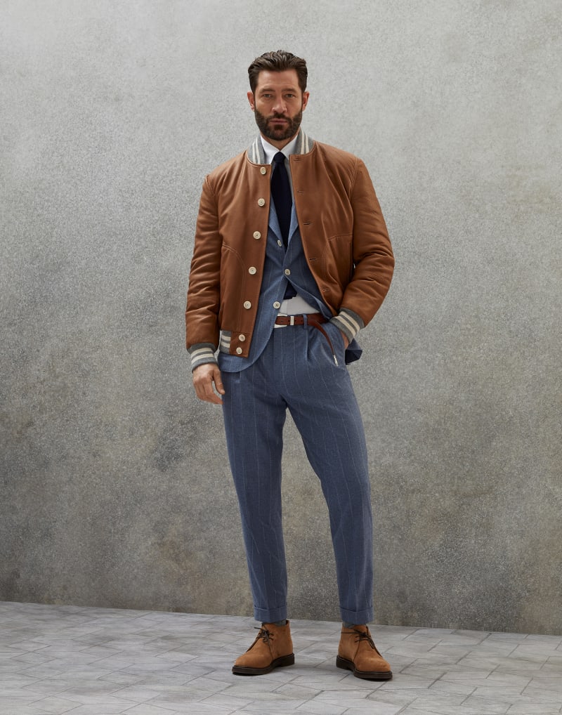 BRUNELLO CUCINELLI MEN'S BROWN LEATHER BOMBER JACKET