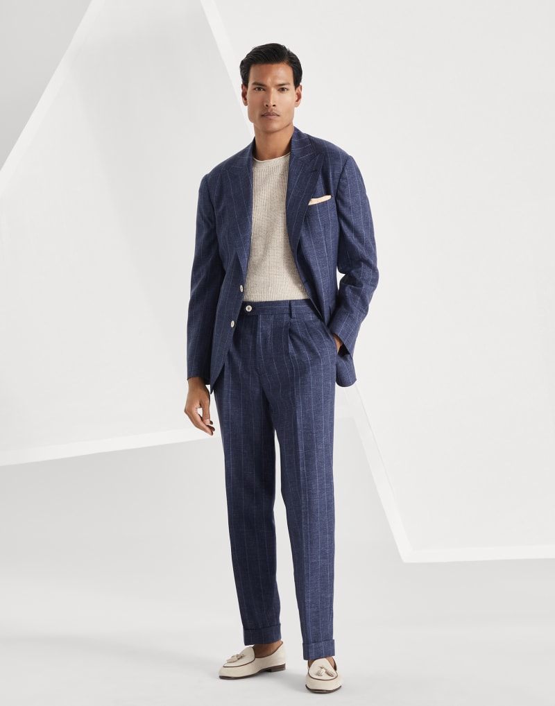 BRUNELLO CUCINELLI MEN'S NAVY WOOL TAILORED BLAZER